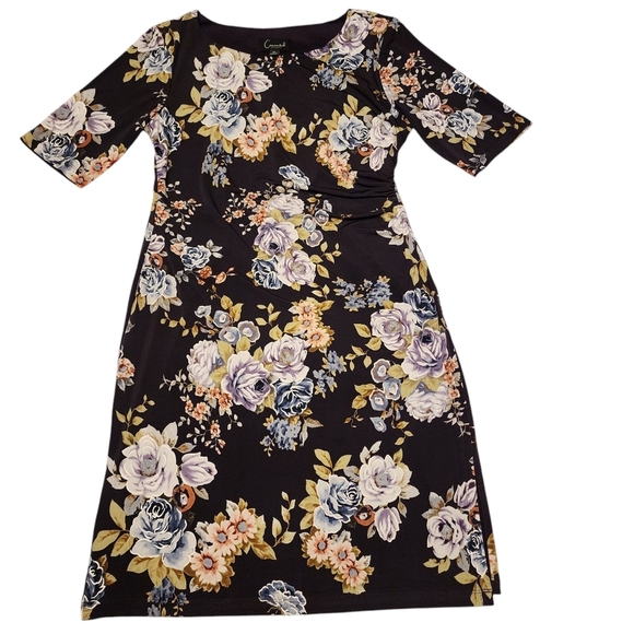 Connected Apparel Deep Pruple Faux Wrap Flroal Stretchy Dress Size 8P - Picture 8 of 15